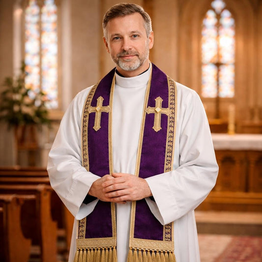 Purple Handwoven Clergy Stole | Embroidered Cross, Religious Vestment