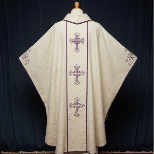 White and purpel damask chasuble vestments, Embroidary
