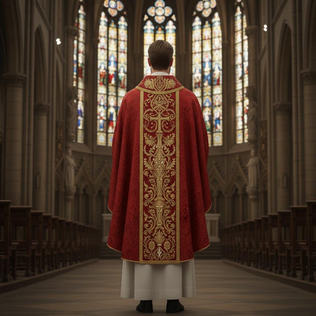 Red damask chasuble vestment Priestergewand Messgewand Kasel Casula Casulla Gaudete Laetare - image 3