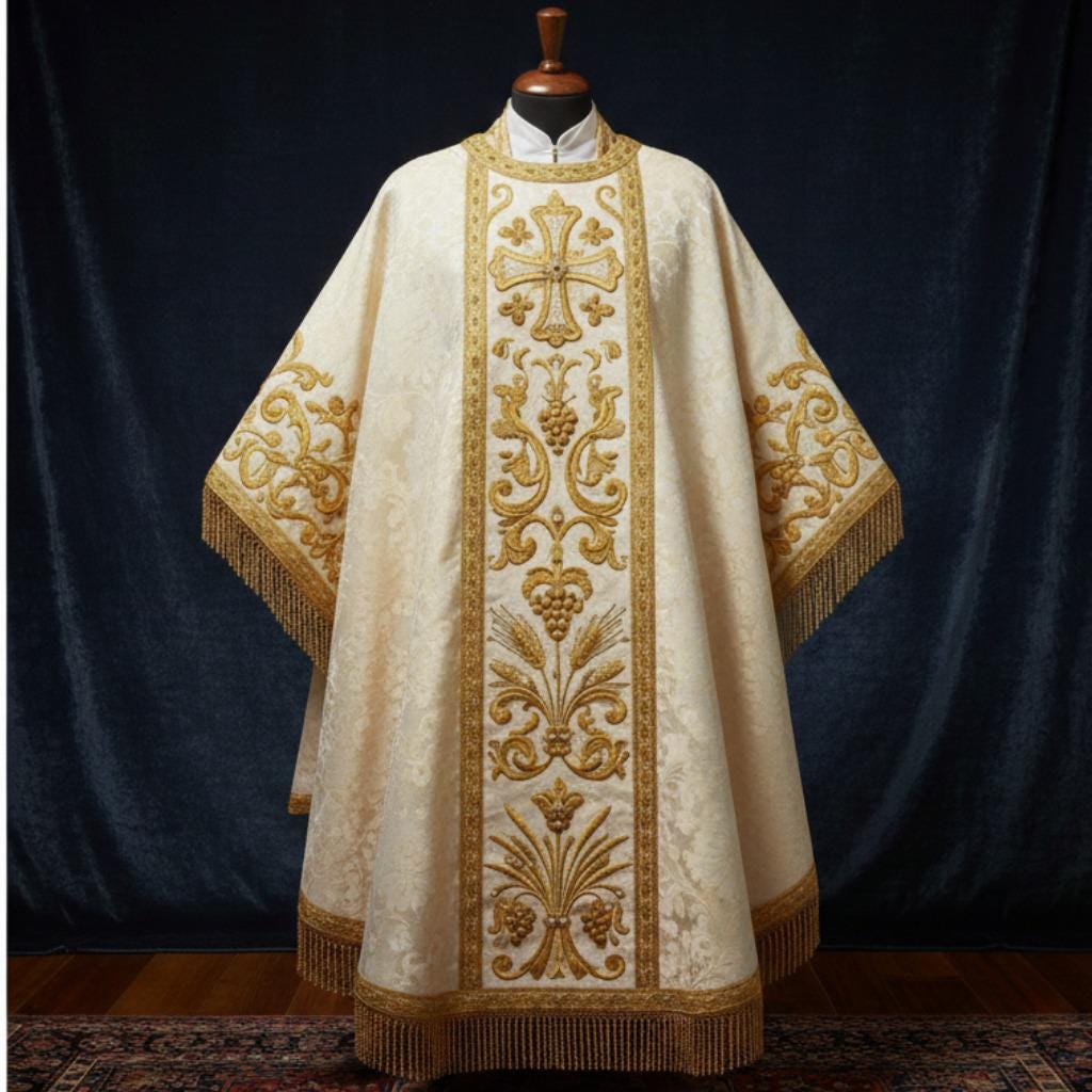 White damask chasuble vestments, Embroidary