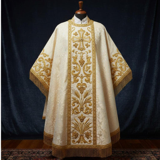 White damask chasuble vestments, Embroidary