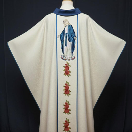 White Blue Demask Marian CHasuble Vestments Messgewand Priestergewand Kasel Casula