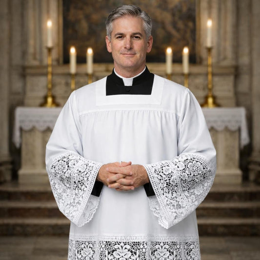 Men's Lace Alb – Square Neck Clergy Robe, Liturgical Vestment
