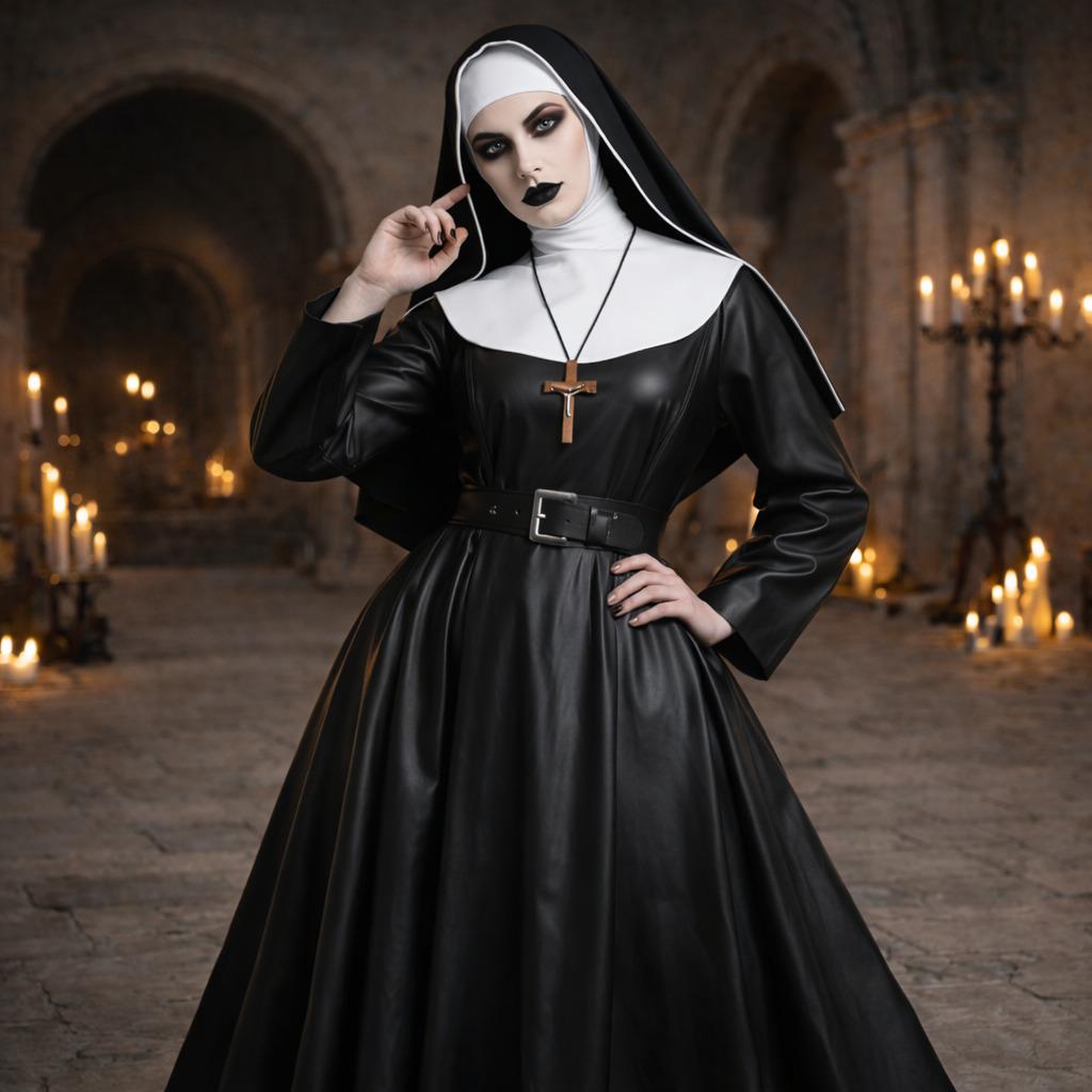 Black Leather Gothic Nun Outfit – Dark Fantasy Halloween & Cosplay Costume - image 4