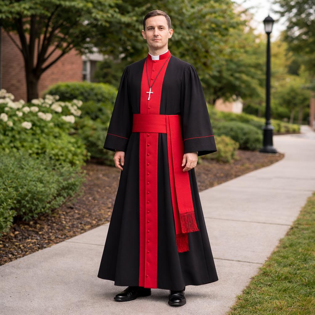 Men’s Roman Catholic Cassock Robe – Clergy Priest Vestment with Trim