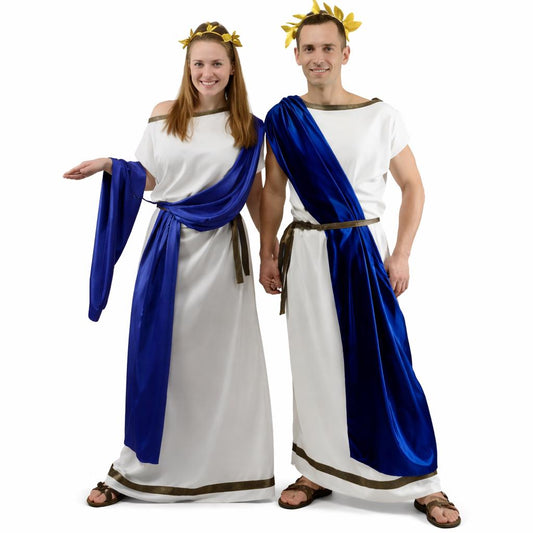 Roman Toga Couple Costume | His Hers Greek God Outfit, White Blue Sash
