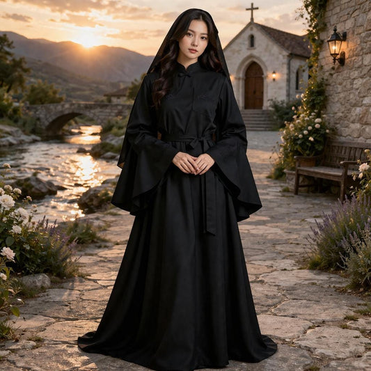 Traditional Black Nun Dress Robe with Veil – Elegant Modest Religious Outfit