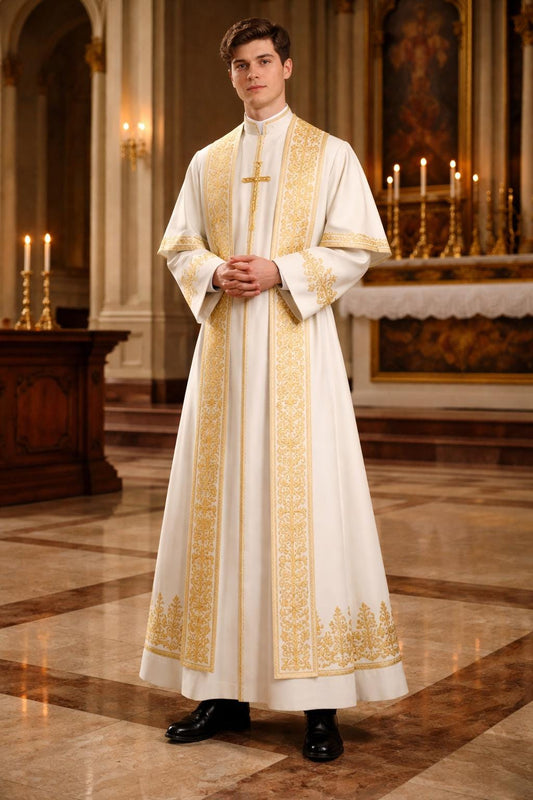 Elegant White Roman Cassock with Gold Embroidery – Traditional Clergy Robe for Church & Liturgical Wear