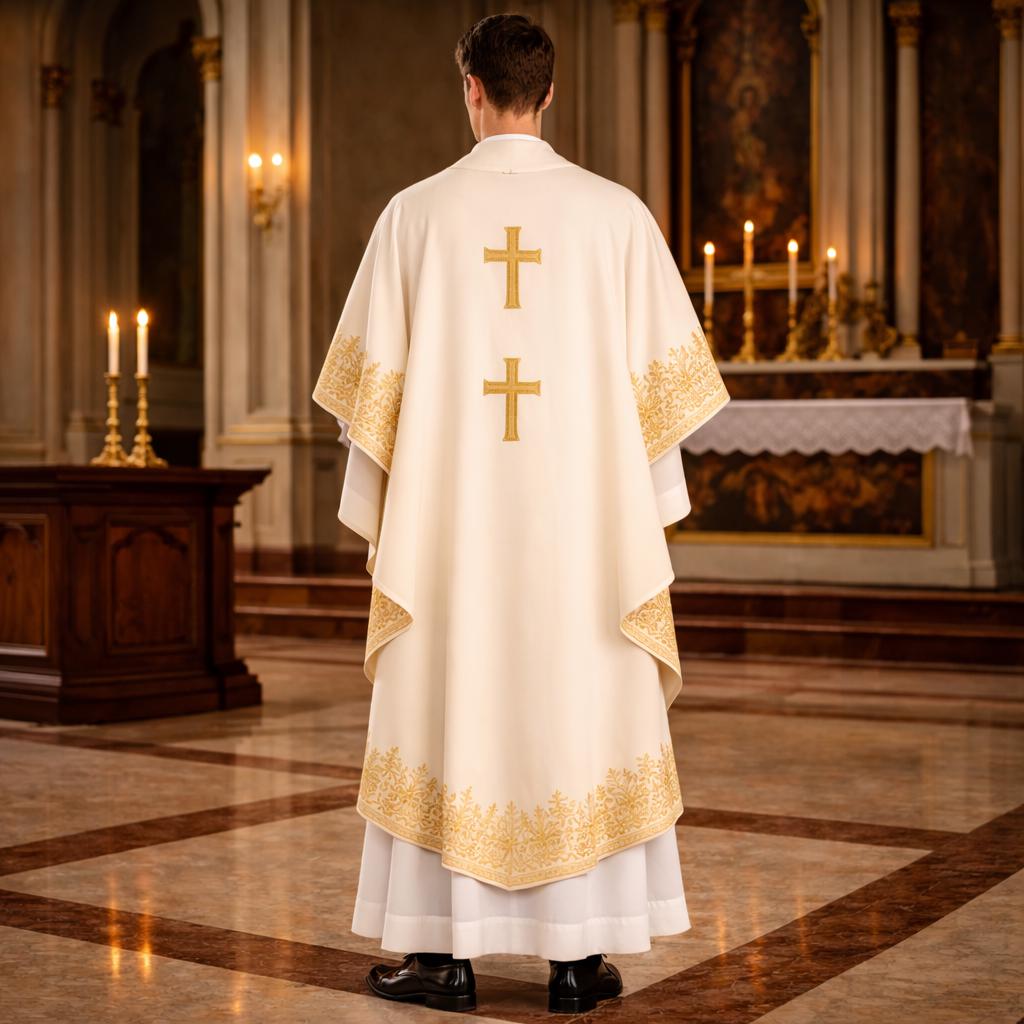 Semi-Gothic White Chasuble with Gold Cross Detail – Elegant Liturgical Vestment for Church & Mass - image 2