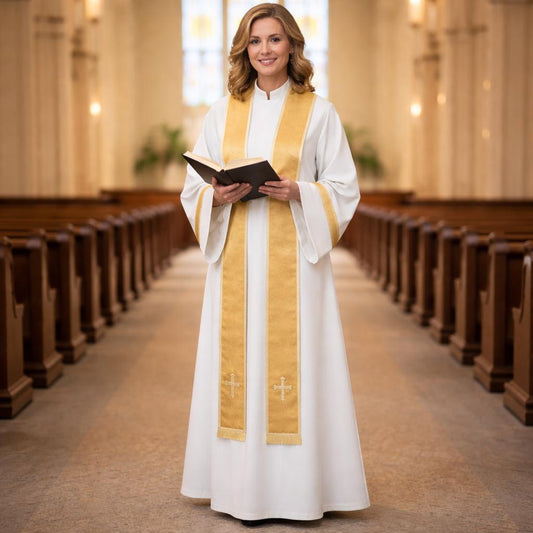 Women Clergy Robe White Church Vestment with Gold Stole, Modest Ritual Dress, Priest Robe