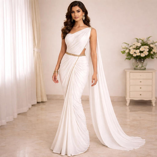 Women's Roman Senator Toga Saree | White Draped Costume with belt