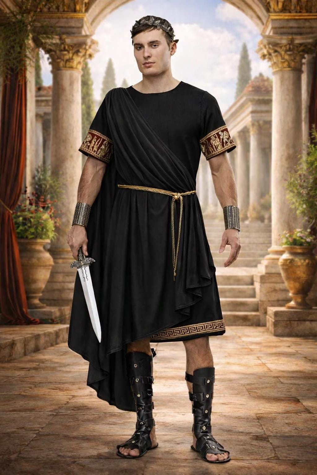 Men’s Black Roman Senator Toga – Classical Ancient Rome Costume, Historical Draped Garment - image 3