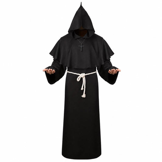 Black Hooded Monk Robe Costume | Gothic Medieval Cloak, Unisex Fantasy Outfit
