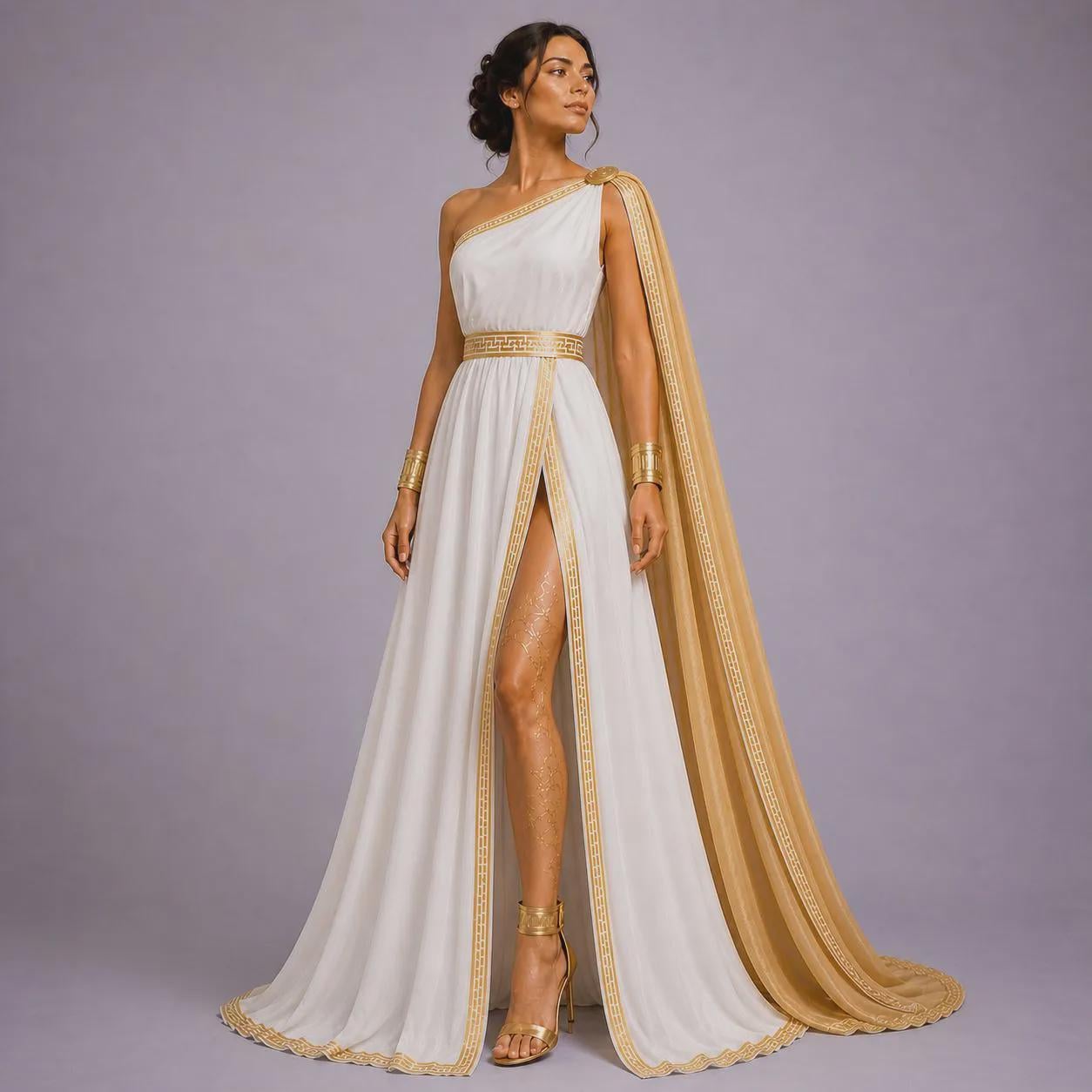 Women's Roman Toga Costume | White Greek Key Border, Belt, Arm Band