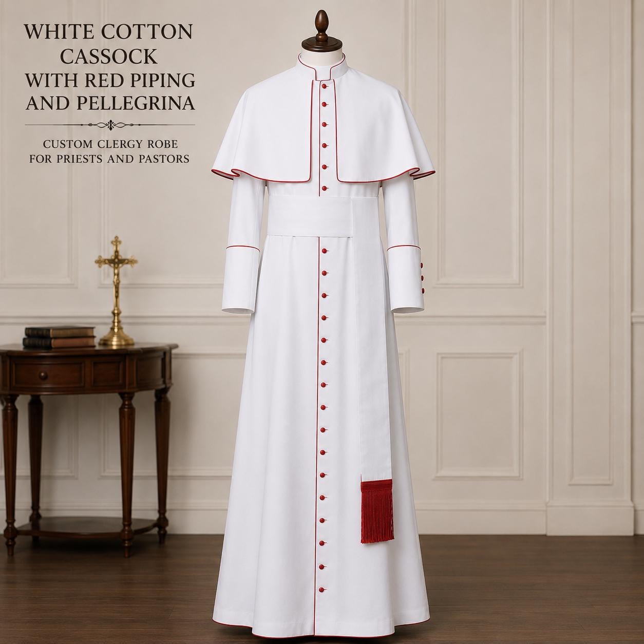 White Cotton Cassock with Red Piping, Custom Clergy Robe, Pastor Vestment