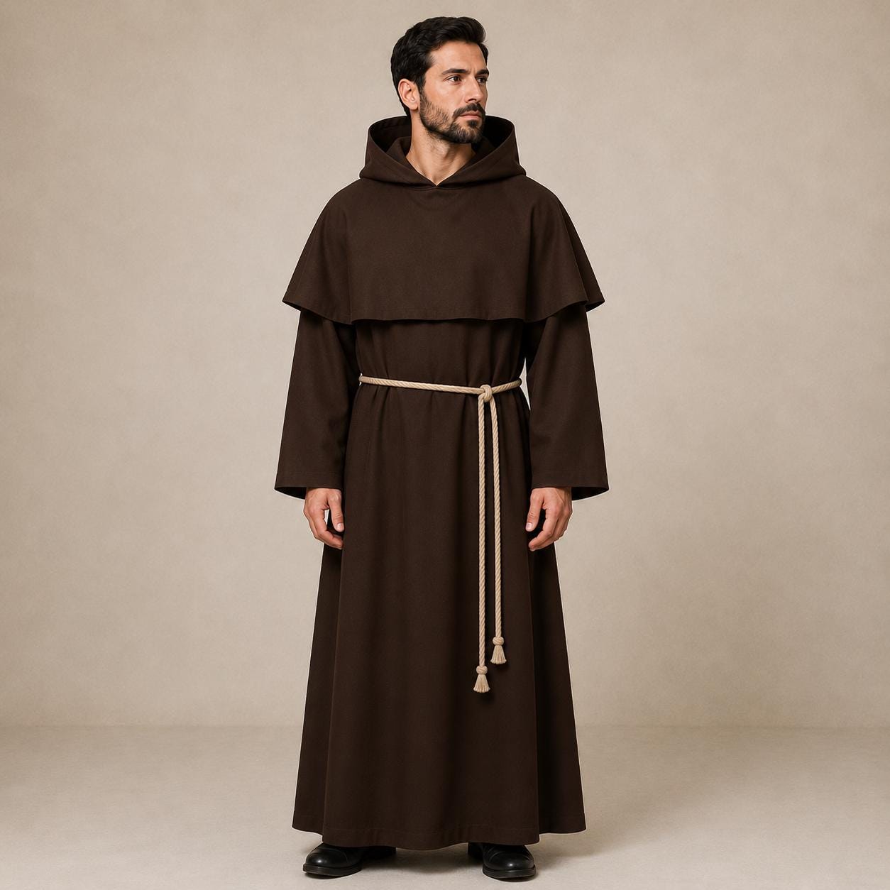 Brown Monk Habit Hooded Robe with Rope Belt, Clergy Friar Religious Garment - image 2