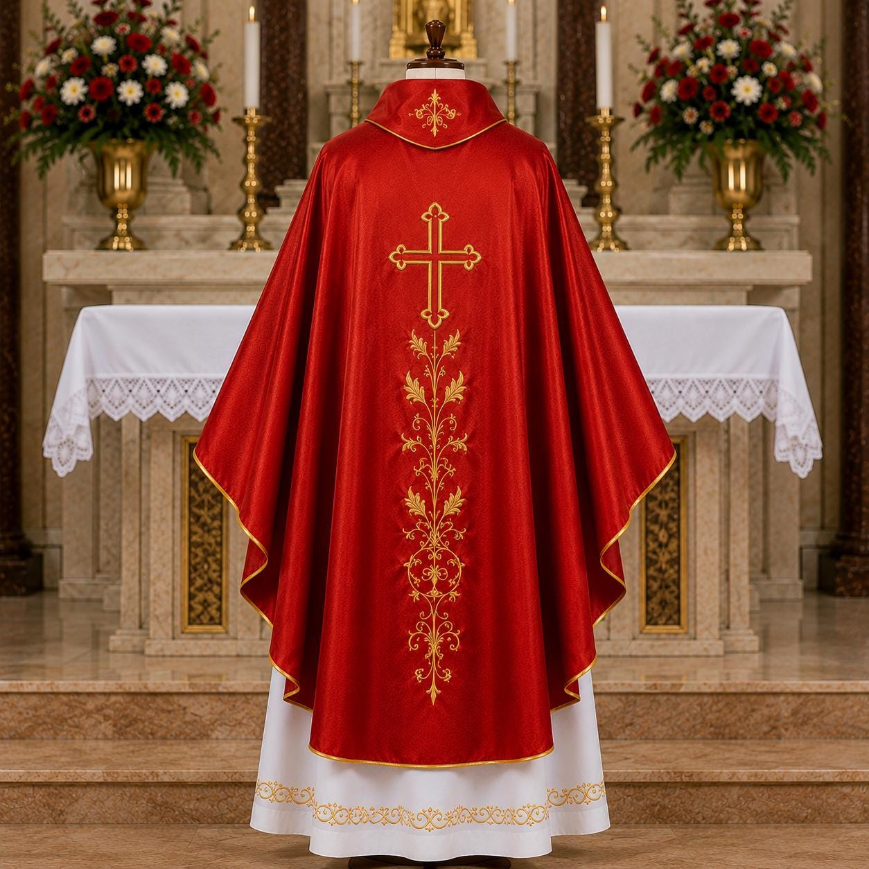 Red Catholic Priest Chasuble - Gold Cream Vestment with Burgundy Orphrey - image 2