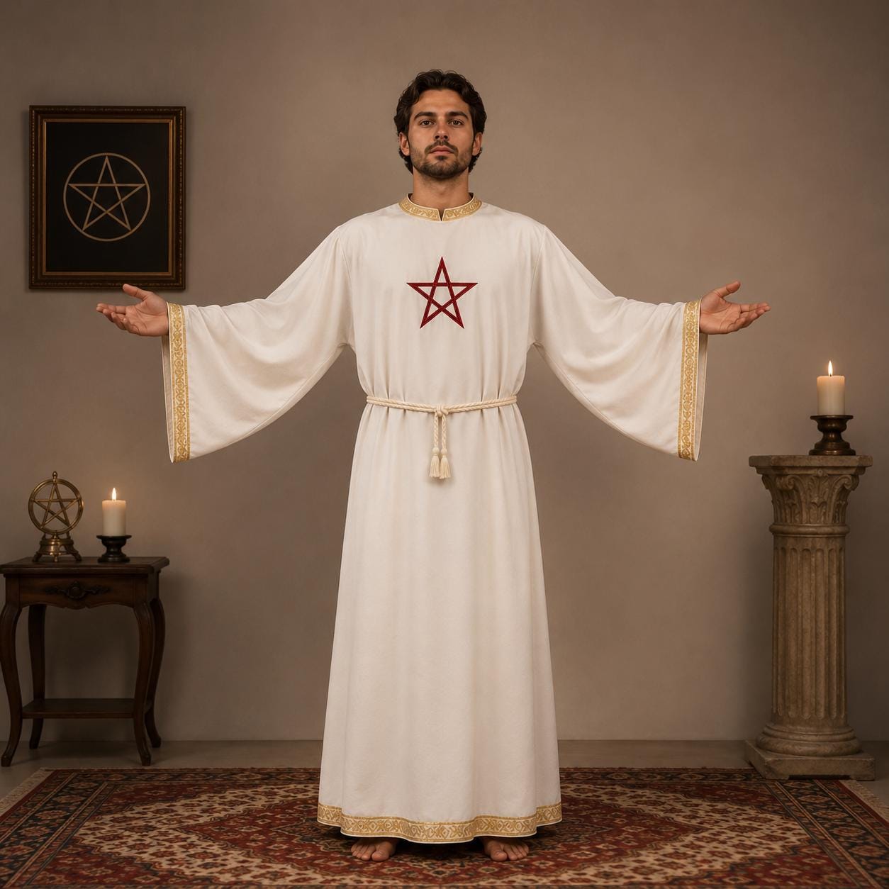 White Hooded Ritual Robe | Minimalist Ceremony Cloak, Wicca Thelema Pagan Spiritual Wear,Magic Robe