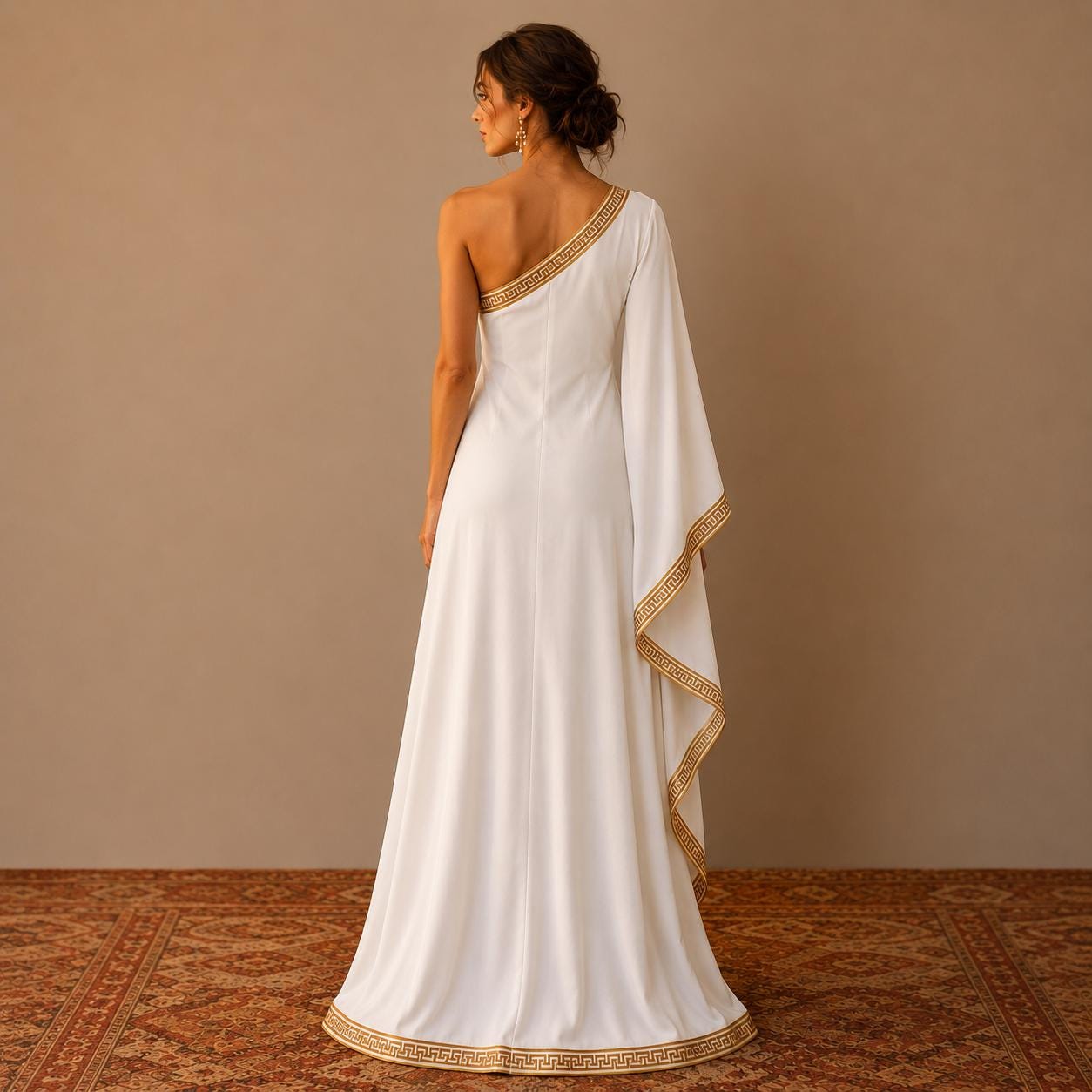 Greek Goddess Inspired White Georgette Maxi Toga Dress with Gold Greek Key Border Costume - image 3