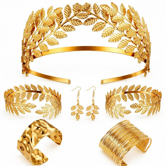 Gold Laurel Leaf Jewelry Set, Greek Roman Goddess Headpiece, Arm Cuffs, Earrings, Bracelet