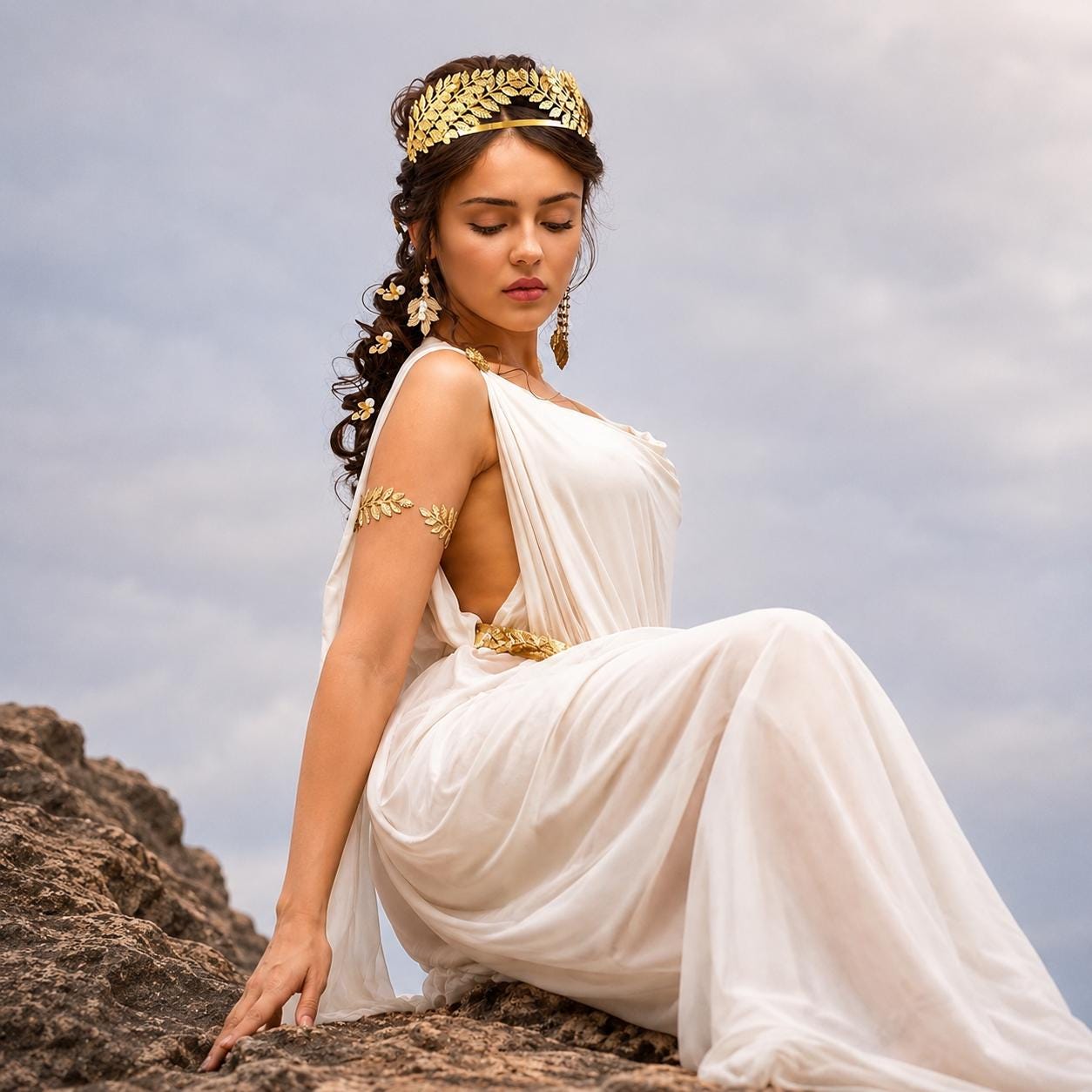 Gold Laurel Leaf Jewelry Set, Greek Roman Goddess Headpiece, Arm Cuffs, Earrings, Bracelet - image 2