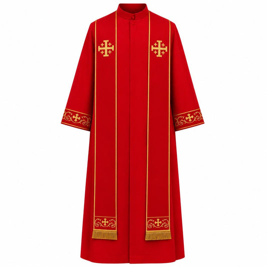 Red Clergy Cassock Robe with Embroidered Jerusalem Cross Stole – Liturgical Vestment