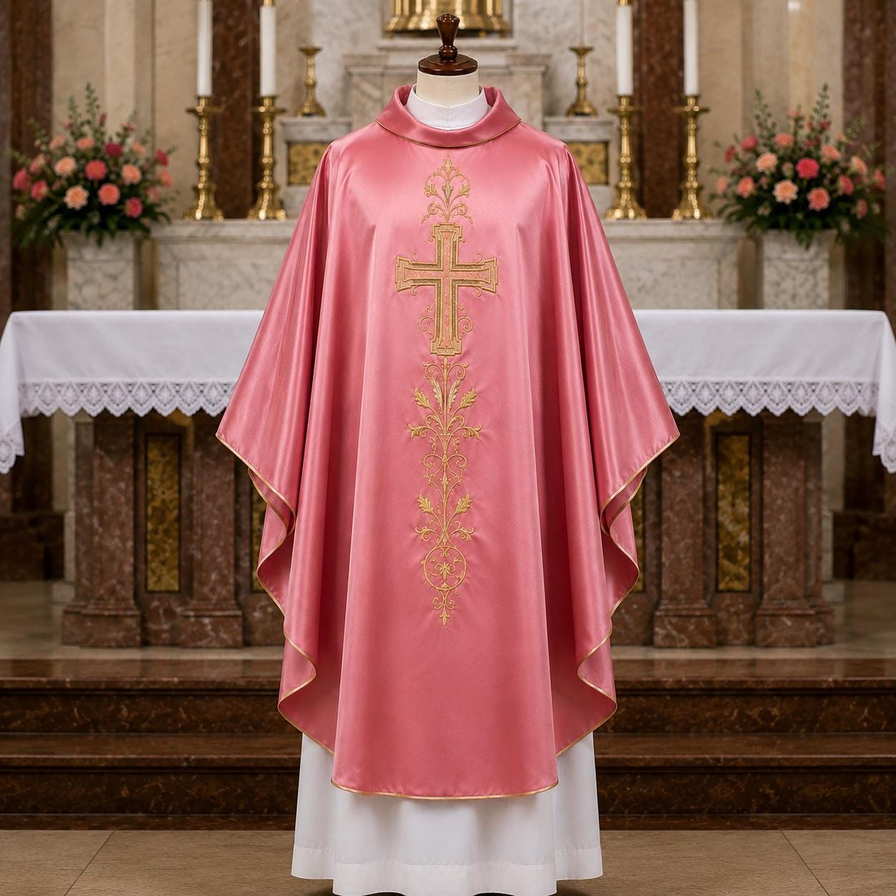 Rose Satin Chasuble – Gold Embroidered Catholic Priest Vestment - image 4
