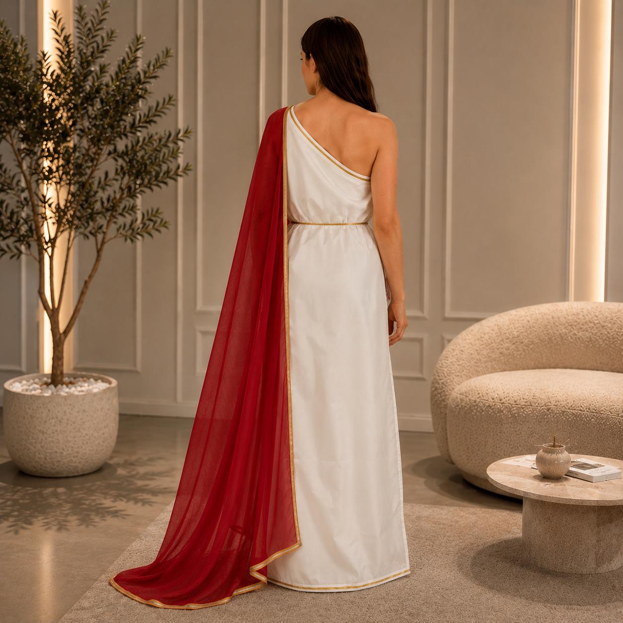 Greek Goddess White Maxi Dress with Red Chiffon Dupatta, One Shoulder Evening Gown, Wedding Guest Dress for Women - image 2