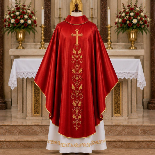Red Catholic Priest Chasuble - Gold Cream Vestment with Burgundy Orphrey