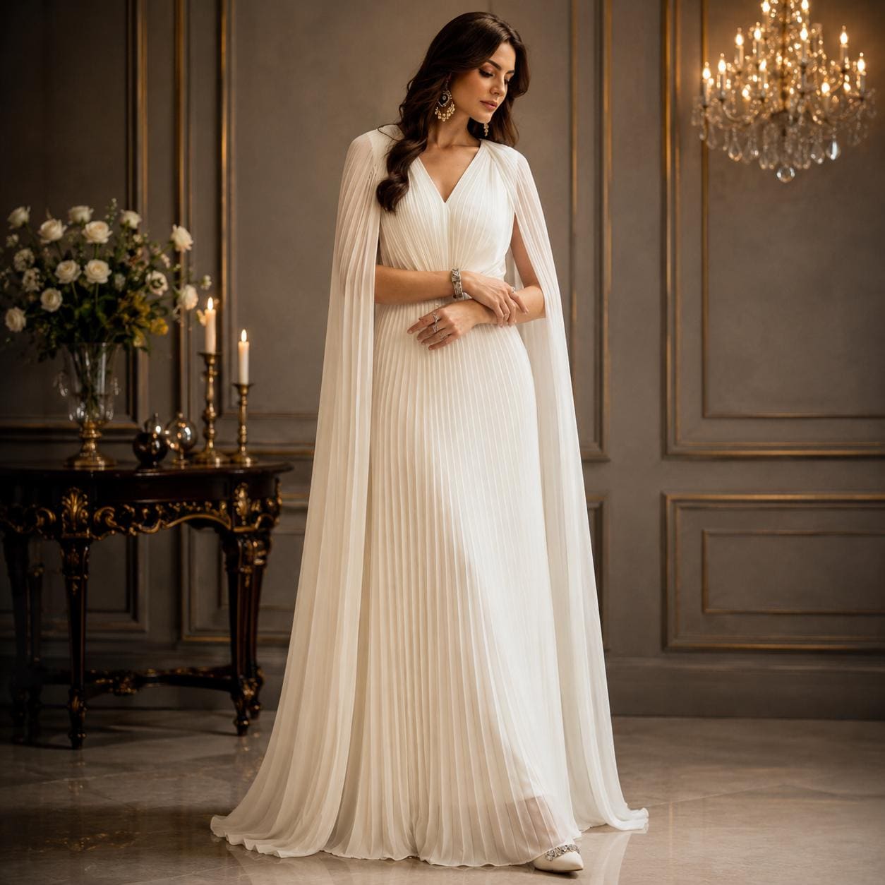 White Grecian Pleated Maxi Dress, Goddess Bridal Gown, Cape Sleeve Evening Formal Prom - image 5