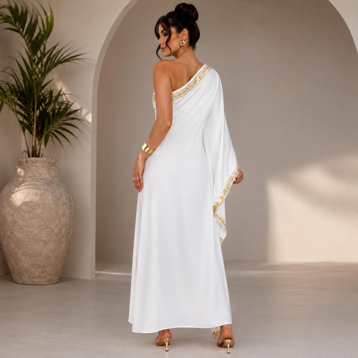 White One-Shoulder Maxi Dress, Gold Embroidered Grecian Gown, Boho Wedding Guest Formal Wear - image 2