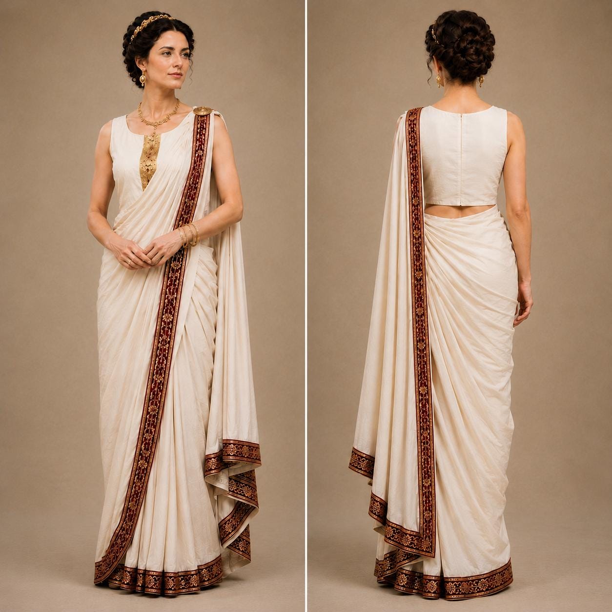 Roman Goddess Saree Costume, Ivory Draped Gown, Sleeveless Toga Outfit, Cosplay Attire - image 3
