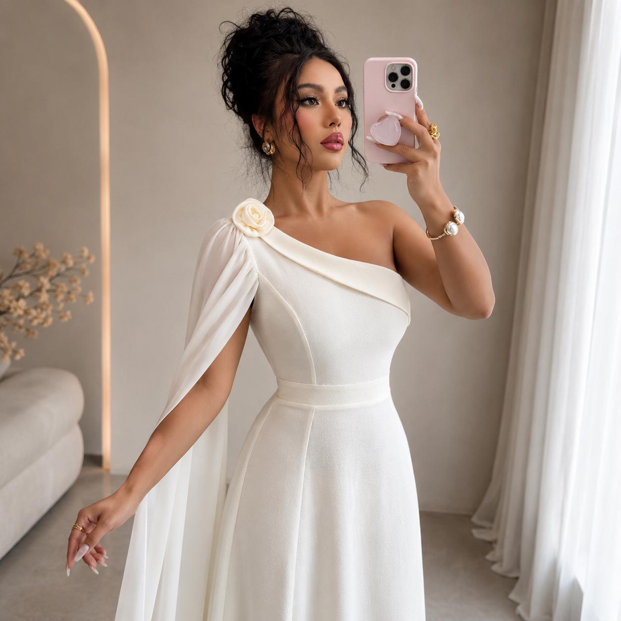 Women's White Toga Saree Maxi Dress | One-Shoulder Greek Goddess Gown - image 3