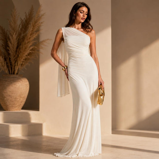 White One Shoulder Grecian Maxi Dress, Embroidered Evening Gown, Boho Wedding Guest