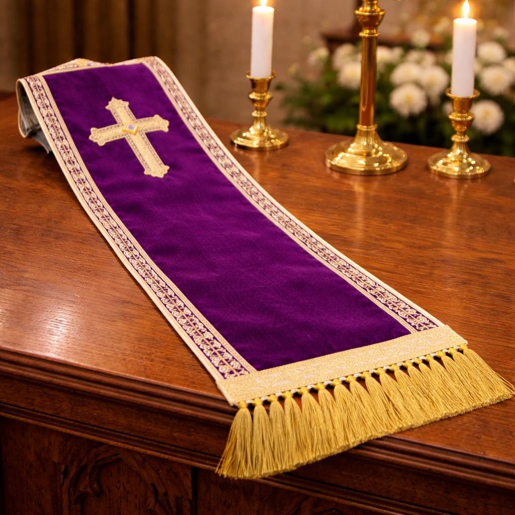Purple Handwoven Clergy Stole | Embroidered Cross, Religious Vestment - image 2