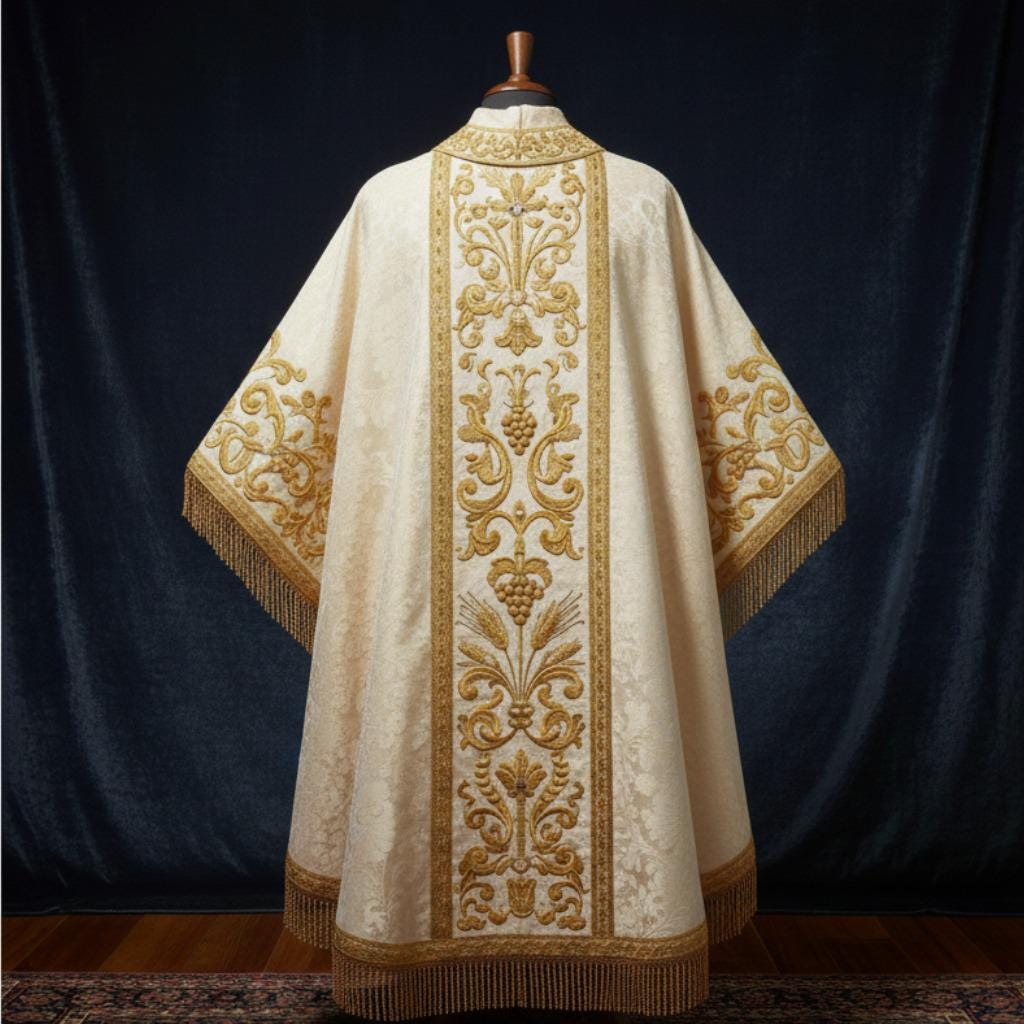 White damask chasuble vestments, Embroidary - image 3