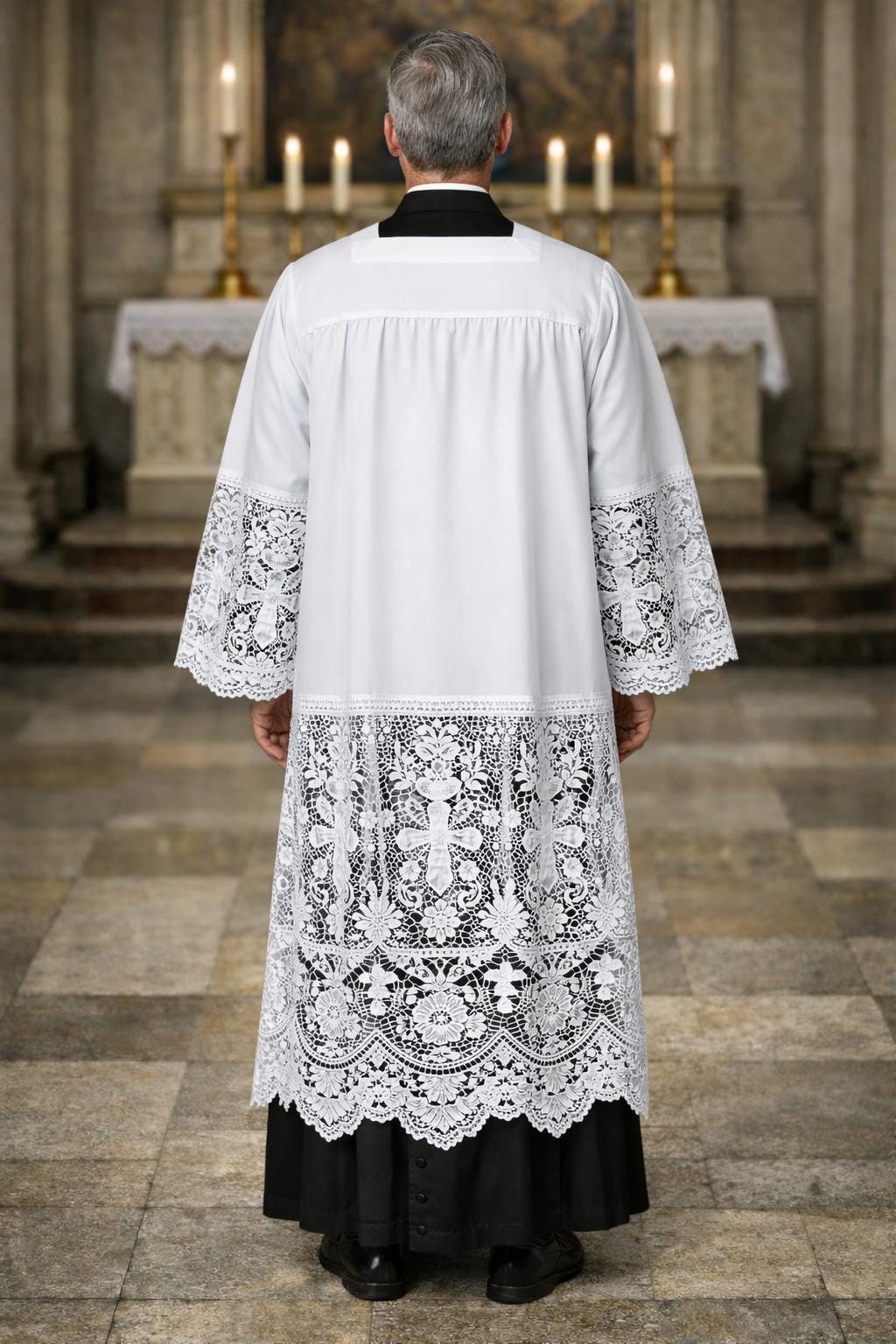 Men's Lace Alb – Square Neck Clergy Robe, Liturgical Vestment - image 3