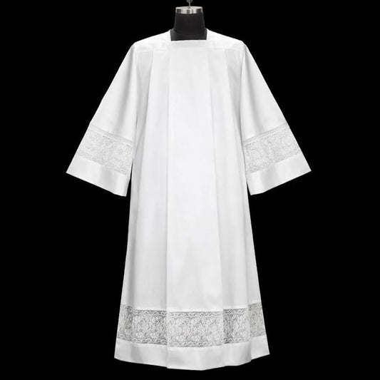 Men's Lace Minister Alb – Square Neck Clergy Robe, Liturgical Vestment