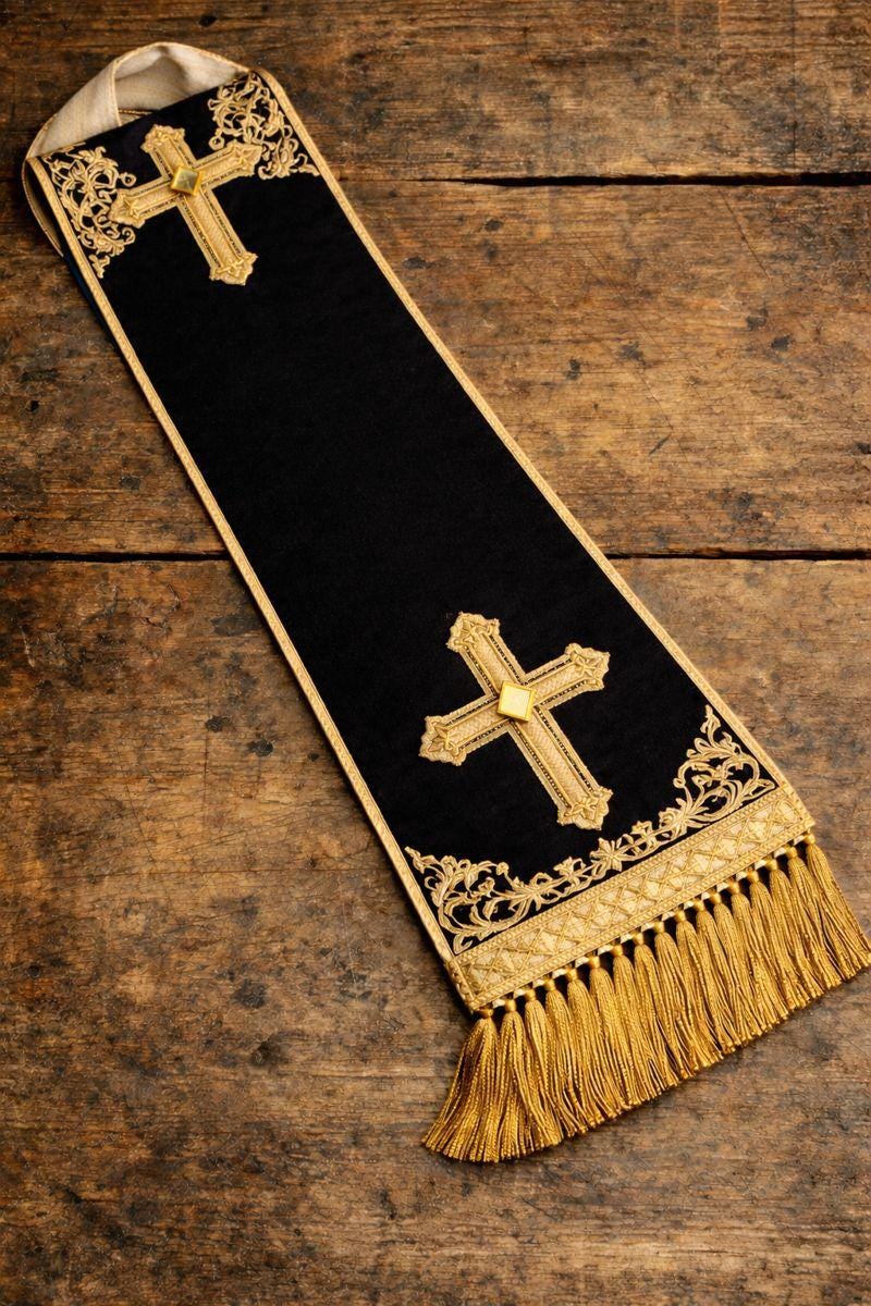 Black Clergy Stole | Fair Trade Priest Sash | Religious Garment & Liturgical Attire | Elegant Pastoral Vestment