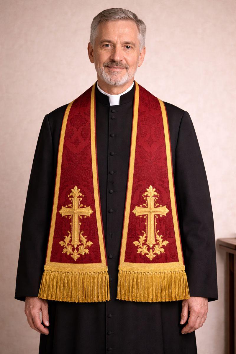 Red Clergy Stole | Fair Trade Priest Sash | Religious Garment & Liturgical Attire | Elegant Pastoral Vestment