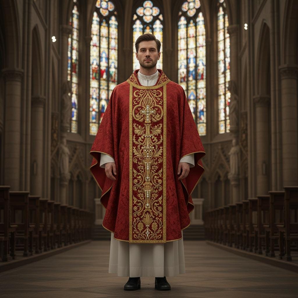 Red damask chasuble vestment Priestergewand Messgewand Kasel Casula Casulla Gaudete Laetare