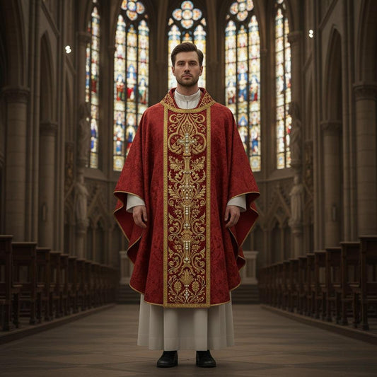 Red damask chasuble vestment Priestergewand Messgewand Kasel Casula Casulla Gaudete Laetare