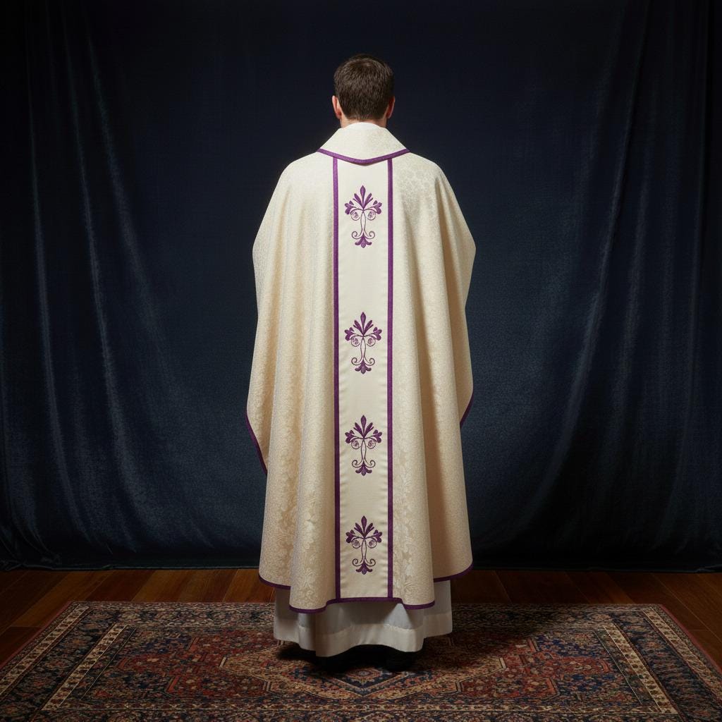 White and purpel damask chasuble vestments, Embroidary - image 3