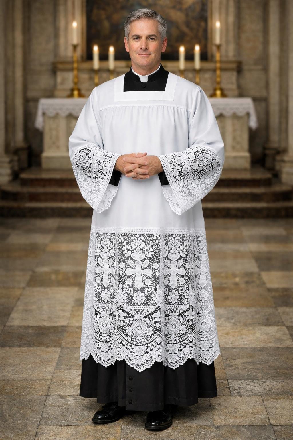 Men's Lace Alb – Square Neck Clergy Robe, Liturgical Vestment - image 2