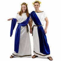 Roman Toga Couple Costume | His Hers Greek God Outfit, White Blue Sash