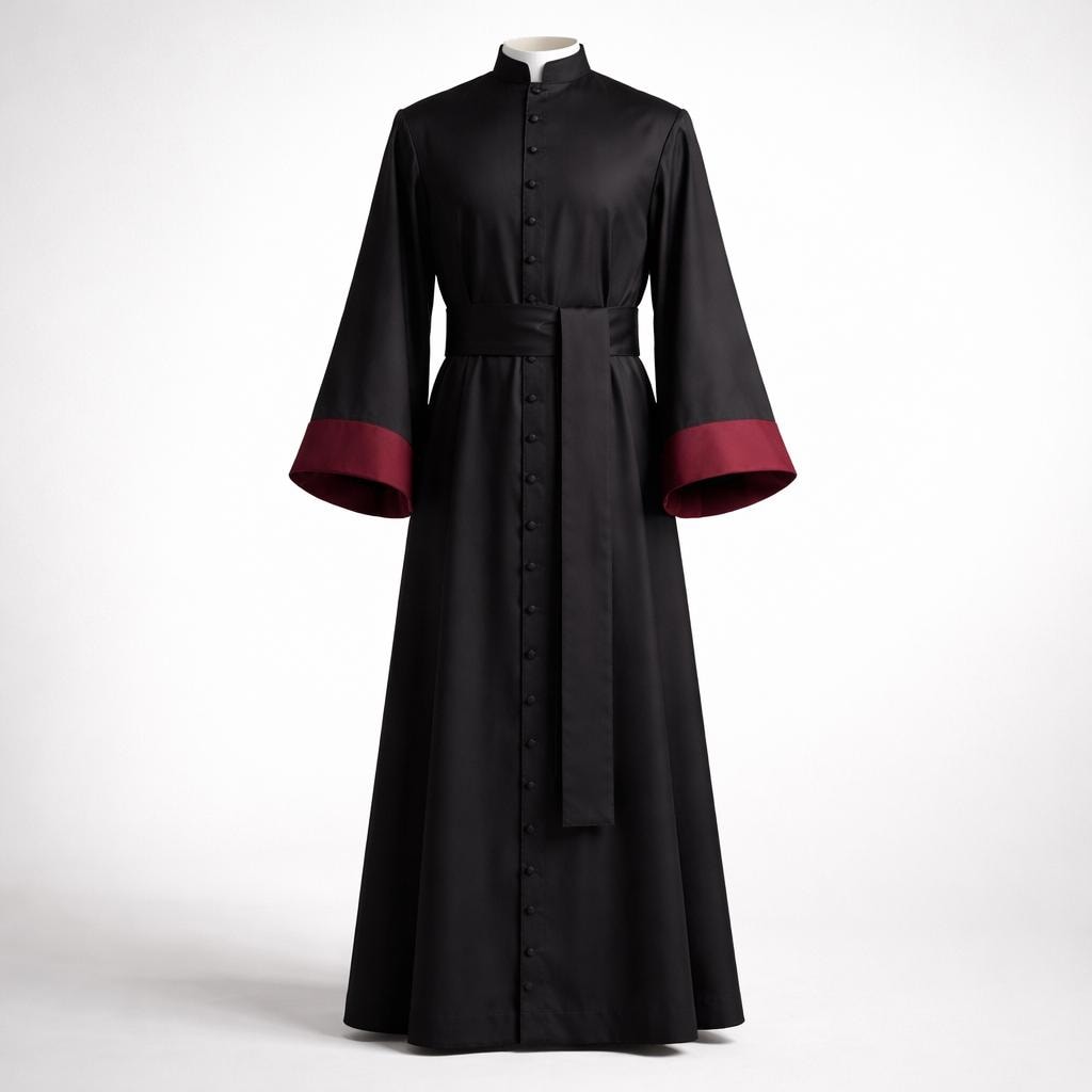 Black Outer Cassock with Burgundy Sleeve Lining | Lightweight Wet Silk Clergy Cassock
