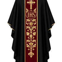 Black Embroidered Catholic Chasuble Set with Burgundy Orphrey & Matching Stole - image 4