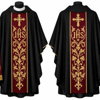 Black Embroidered Catholic Chasuble Set with Burgundy Orphrey & Matching Stole - image 2
