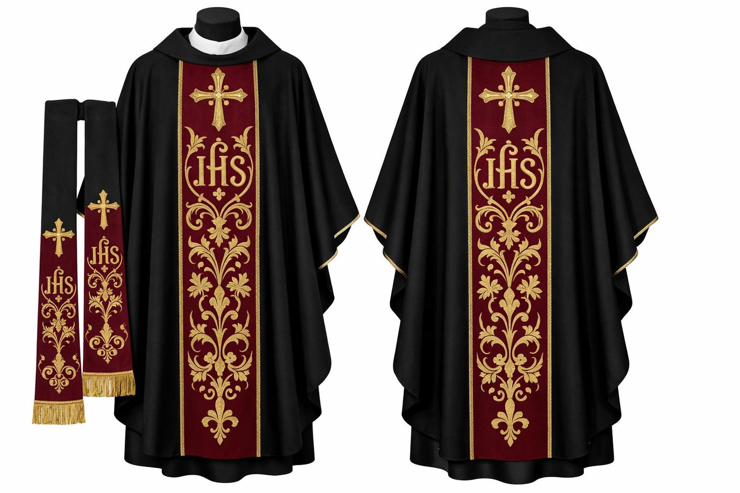 Black Embroidered Catholic Chasuble Set with Burgundy Orphrey & Matching Stole - image 2