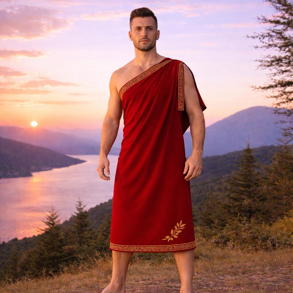 Men’s Roman Senator  Red Toga – Classical Ancient Rome Costume, Historical Draped Garment